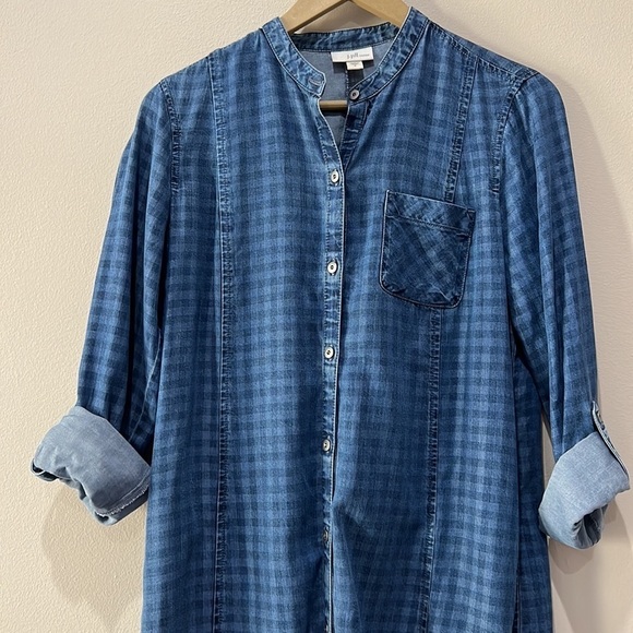 J Jill Denim Checkered Tab Sleeve Shift Dress in size S - Picture 3 of 12